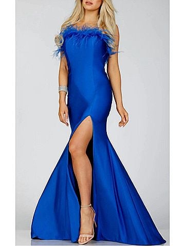 Terani Couture Jersey Strapless With Feathers in Royal (view 2)