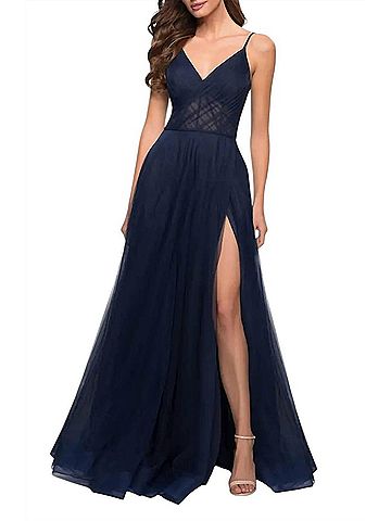 La Femme Illusion A-Line Tulle Ballgown Dress in Navy (view 2)