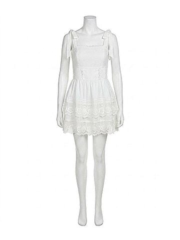 Day + Moon Shoulder Tie Double Tiered Lace Dress in White (view 1)