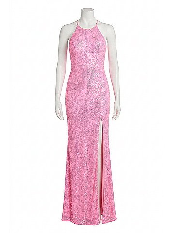 La Femme Figure Forming Long Line Sequin Prom Dress in Neon Pink (view 1)