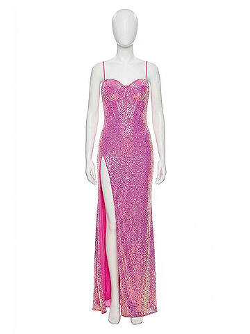 La Femme Sequin Bustier Corset Top Prom Dress in Neon Pink (view 1)