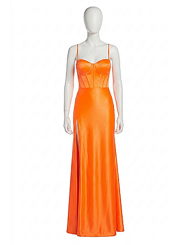 La Femme Stretch Satin Sweetheart Neckline Prom Dress in Bright Orange (view 1)