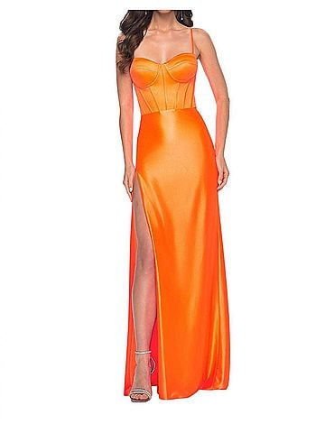 La Femme Stretch Satin Sweetheart Neckline Prom Dress in Bright Orange (view 2)