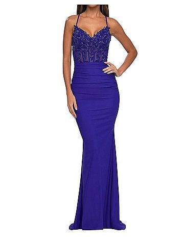 La Femme Sheer Net Bodice Prom Dress in Royal Blue (view 2)