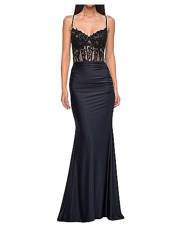 La Femme Sheer Net Bodice Prom Dress in Black (view 2)