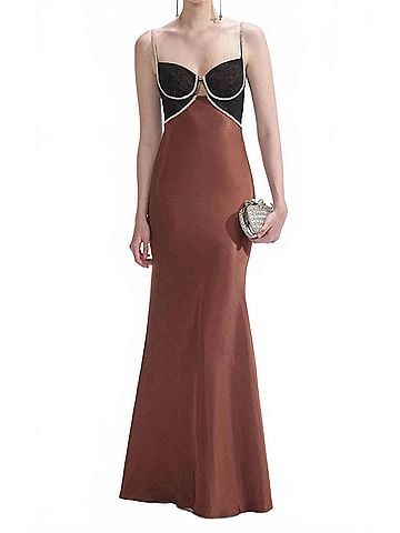 Self-Portrait Women's Satin Diamante Gown in Brown (view 2)