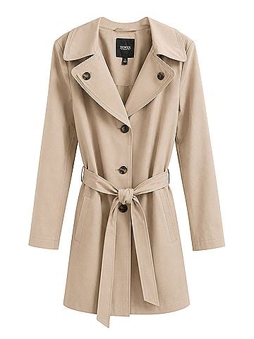 London Fog beige, belted, hooded, lightweight, classic, neutral outerwear, minimalist, sophisticated Raincoat (view 1)
