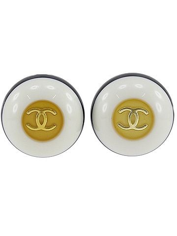 Chanel Chanel Coco Mark Earrings, Bicolor Vintage, Plastic x Gold Plated, 1996, White/Black, 96P, Approx. 13.3g, Women's. (view 1)