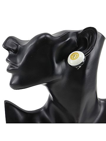 Chanel Chanel Coco Mark Earrings, Bicolor Vintage, Plastic x Gold Plated, 1996, White/Black, 96P, Approx. 13.3g, Women's. (view 2)