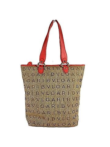 Bvlgari BVLGARI Logo Mania Vertical Shoulder Bag Tote Leather Canvas Men's Women's Beige (view 2)