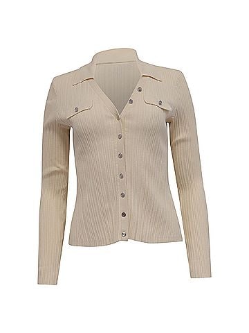 Maje Maje Collared Ribbed-Knit Cardigan in Cream Viscose (view 1)