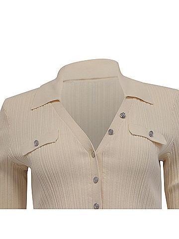 Maje Maje Collared Ribbed-Knit Cardigan in Cream Viscose (view 2)