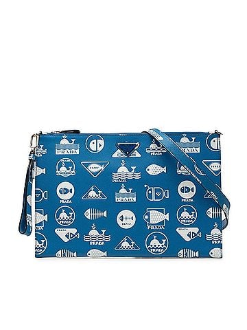 Prada Prada Brick Marine Style Triangle Logo Plate Fish Clutch Bag Shoulder 2NH005 Blue White Saffiano Leather Women's PRADA (view 1)