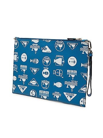 Prada Prada Brick Marine Style Triangle Logo Plate Fish Clutch Bag Shoulder 2NH005 Blue White Saffiano Leather Women's PRADA (view 2)
