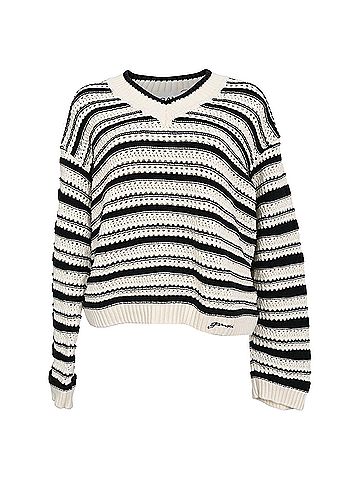 Ganni Ganni Striped Knitted V-Neck Sweater in White and Black Cotton (view 1)