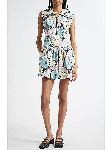 Ganni Floral Zip Front Organic Cotton Mini Dress in White Multicolor (view 2)
