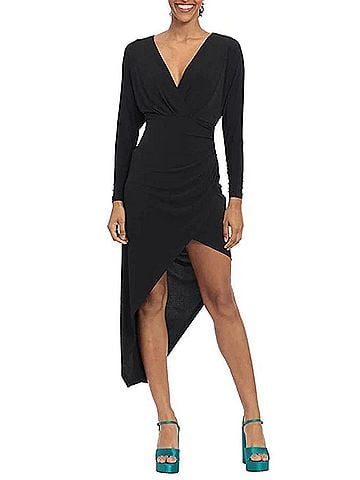 Donna Morgan Long Sleeve Faux Wrap Oblique Dress in Black (view 2)