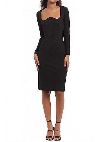 Donna Morgan Scalloped Neckline Long Sleeve Dress in Black (view 2)