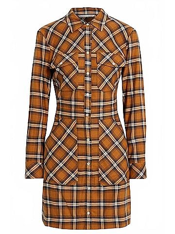 Veronica Beard Fern Checked Cotton Flannel Mini Shirt Dress in Yellow (view 1)