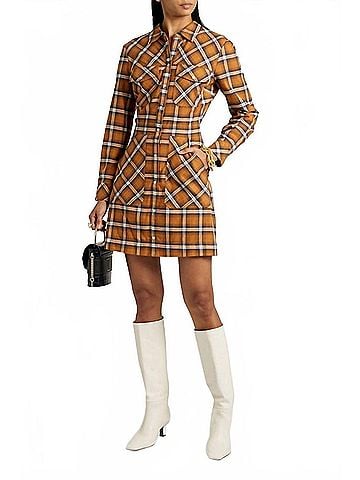 Veronica Beard Fern Checked Cotton Flannel Mini Shirt Dress in Yellow (view 2)