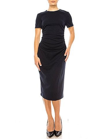 Maggy London Short Sleeve Ruched Sheath Dress in Navy (view 2)