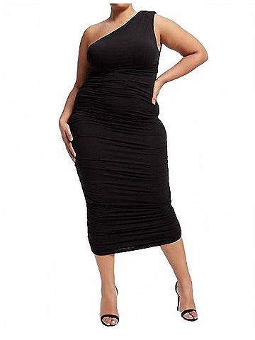 Good American Ruched One Shoulder Midi Dress in Black (view 2)