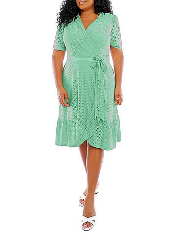 London Times Short Sleeve Faux Wrap Midi Dress in Absinthe Green (view 2)