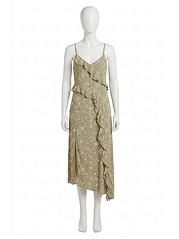 Hem & Thread Asymmetrical Ruffle Cami Midi Dress in Dusty Olive (view 1)