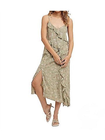 Hem & Thread Asymmetrical Ruffle Cami Midi Dress in Dusty Olive (view 2)