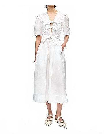 Ganni Women's Washed Stretch Cotton Tie Strap Midi Dress in White (view 2)