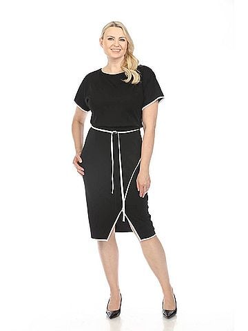 Joseph Ribkoff Contrast Trim Waist Tie Front Slit Sheath Dress in Black/Off-White (view 2)