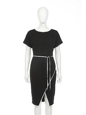 Joseph Ribkoff Contrast Trim Waist Tie Front Slit Sheath Dress in Black/Off-White (view 1)