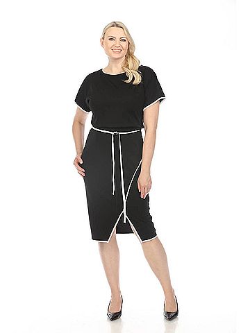 Joseph Ribkoff Contrast Trim Waist Tie Front Slit Sheath Dress in Black/Off-White (view 2)