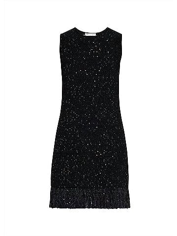 Oscar De La Renta Tweed Textured Dress With Fringe Hem in Black (view 1)