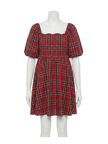 Entro Scallop Dress in Red Plaid (view 1)