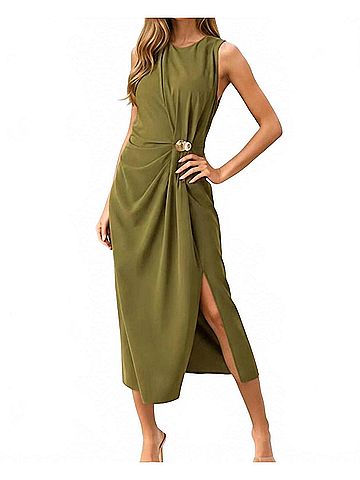 Entro Rachel Side Ruching Midi Dress in Olive (view 2)