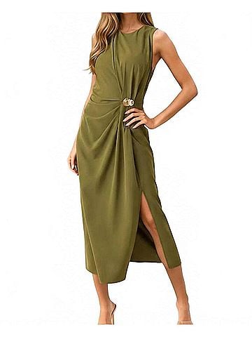 Entro Rachel Side Ruching Midi Dress in Olive (view 2)