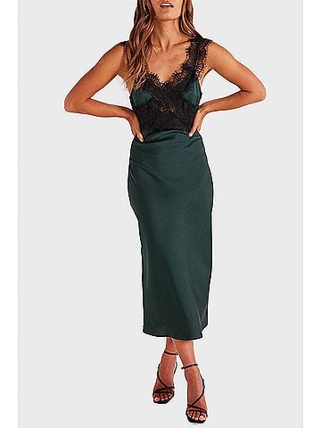 Minkpink Erin Lace Trim Midi Dress in Emerald Green (view 2)