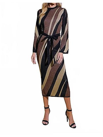 Flying Tomato Women's Jacquard Knit Midi Sweater Dress in Black, Brown (view 2)