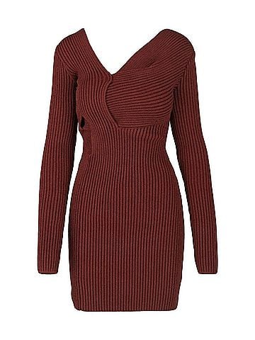 Bottega Veneta Asymmetrical V-Neck Sweater Dress in Rust (view 1)