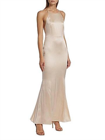 Alice + Olivia Samia Halter Neck Fishtail Gown in Champagne (view 2)