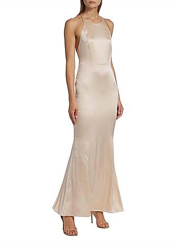 Alice + Olivia Samia Halter Neck Fishtail Gown in Champagne (view 2)