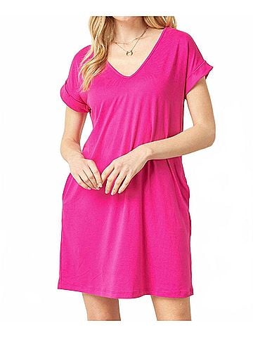 Entro Everyday Pocket Short Dress in Fuchsia (view 2)