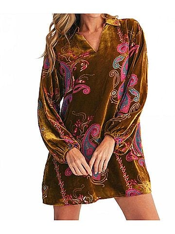 Jodifl Long Puff Sleeves Paisley Print Velvet Mini Dress in Gold (view 2)