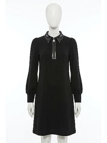 Joseph Ribkoff Leatherette Long Puffed Sleeves Trapeze Dress in Black (view 1)