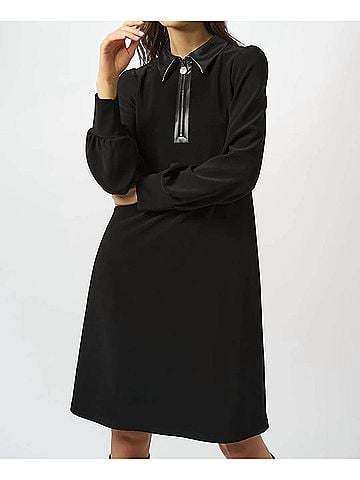 Joseph Ribkoff Leatherette Long Puffed Sleeves Trapeze Dress in Black (view 2)