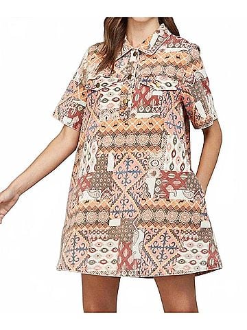 Fate Myron Swing Dress in Rust Multi (view 2)