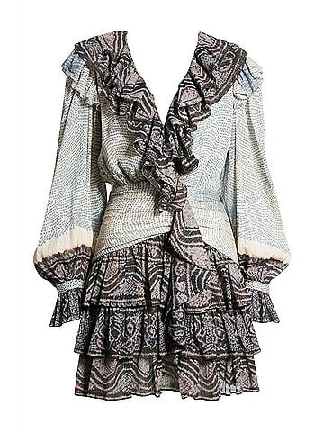 Ulla Johnson Sara Long Sleeve V-Neck Layered Skirt Ruffle Mini Dress in Moonstone (view 2)