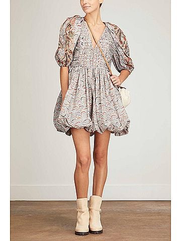 Ulla Johnson Gwen V-Neck Puff Sleeve Pleated Mini Dress in Chalcedony (view 2)