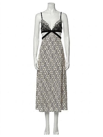 Nina Ricci All-Over Logo Print & Lace Insert Midi Dress With Fine Straps in Cream/Noir (view 1)